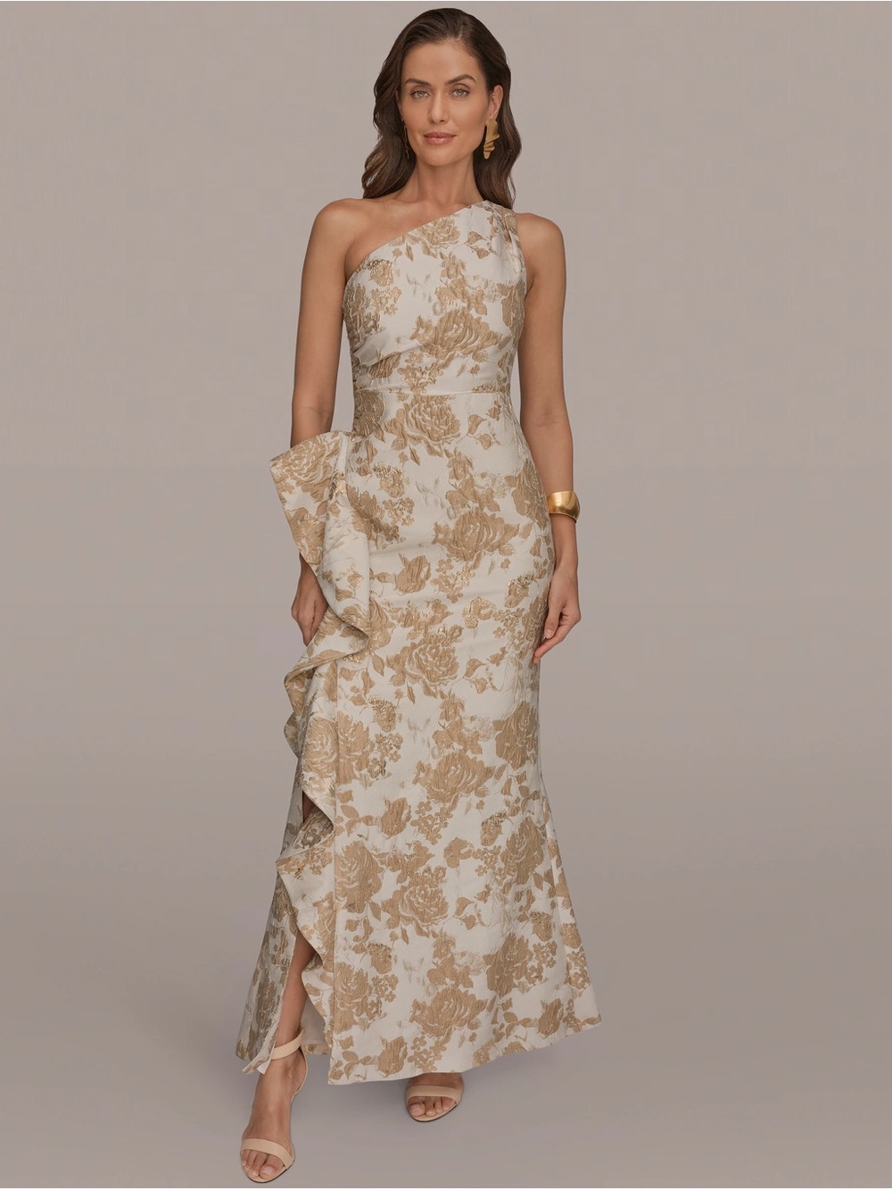 Donna Karan One-Shoulder Cream and Gold Floral Gown
